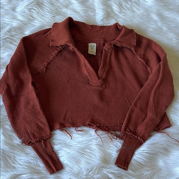 We The Free Sweaters - We The Free Darcy Cropped Rust Collared Distressed V-Neck Sweater